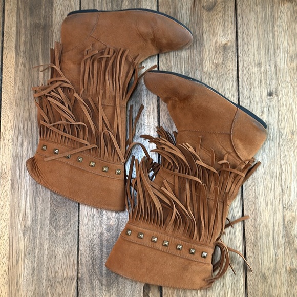 Yoki Toddler Girls Trina Rust 2-Layer Fringe Moccasin Tall Suede Boot / Sz 11 - Picture 9 of 16